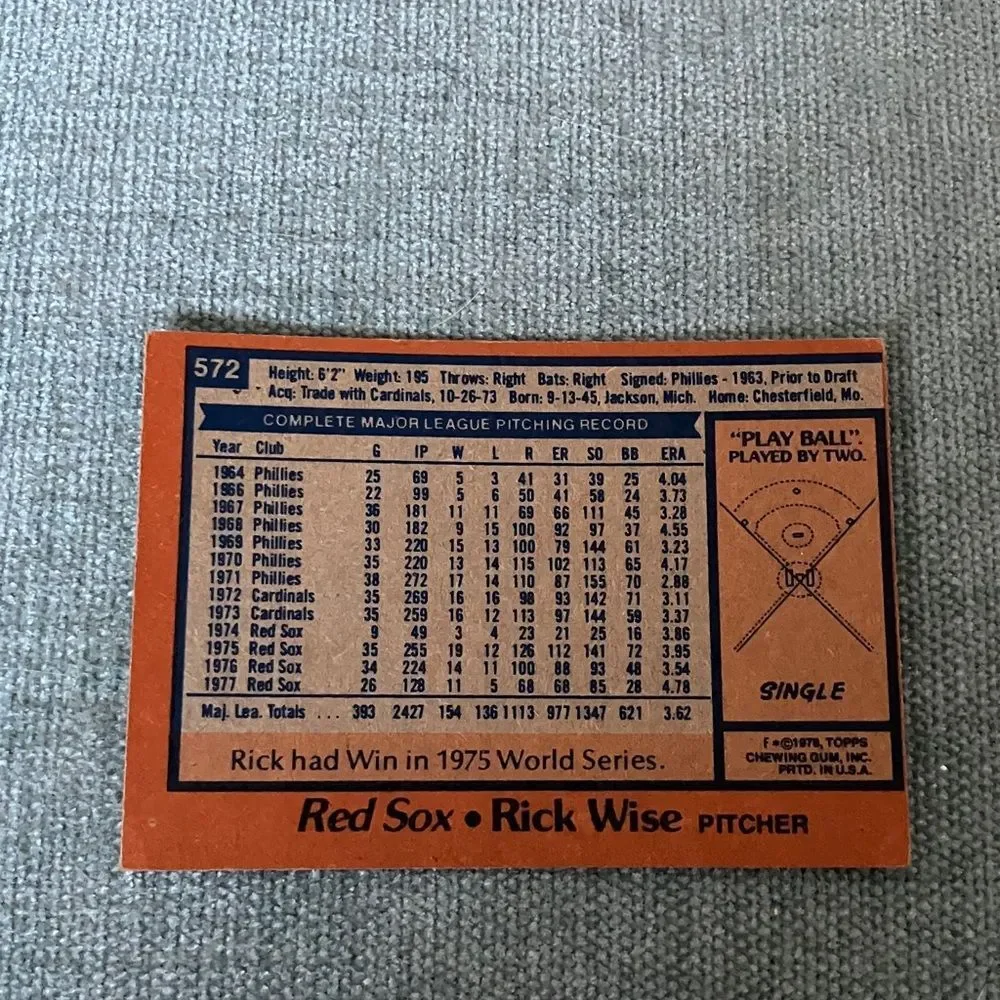1978 Topps Boston Red Sox Baseball Card Trading Card